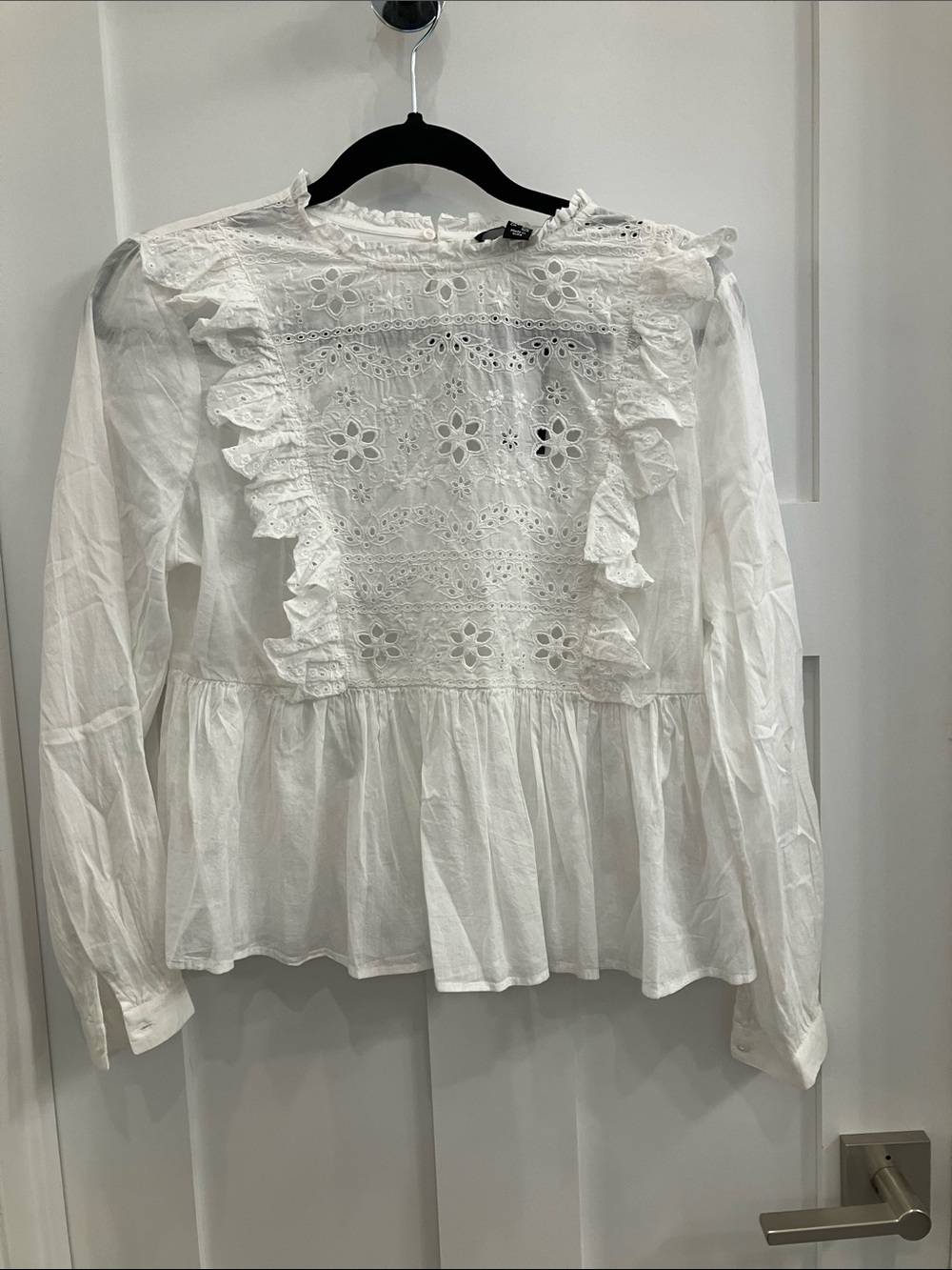 New Look for ASOS Petite White Eyelet Blouse with Ruffle Trim
